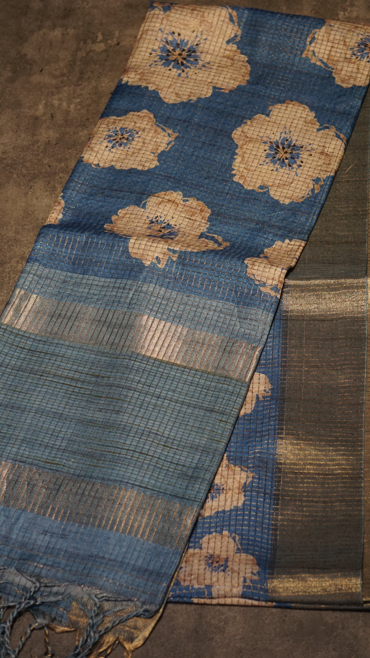 Semi Tussar Saree With Art Zari Checks - Blue