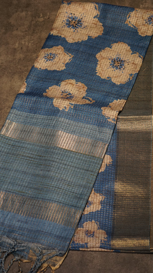 Semi Tussar Saree With Art Zari Checks - Blue