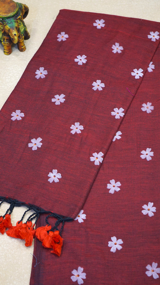Handloom Cotton Saree - Maroon With White Flower