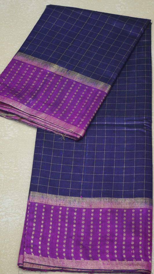 Pure Dupion Silk Saree Checks - Violet with Pink Border