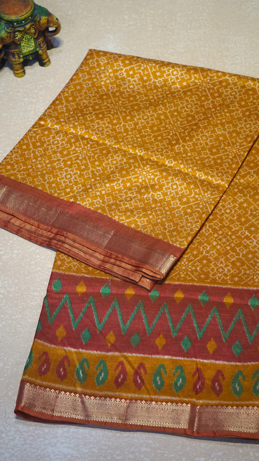 Semi Pattola Saree Pochampally Print - Mustard