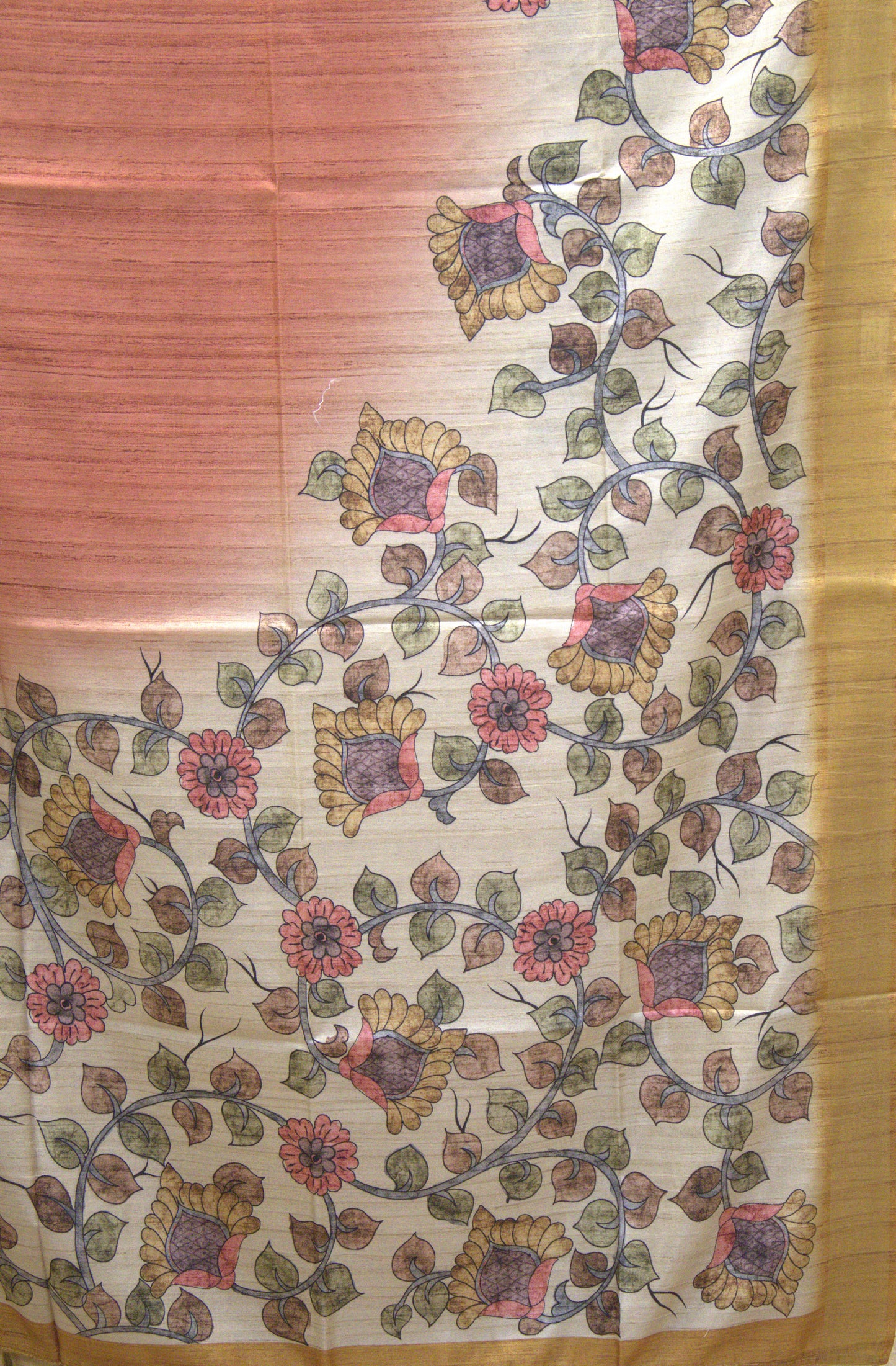 Semi Tussar Saree Kalamkari Print -Brick Mustard