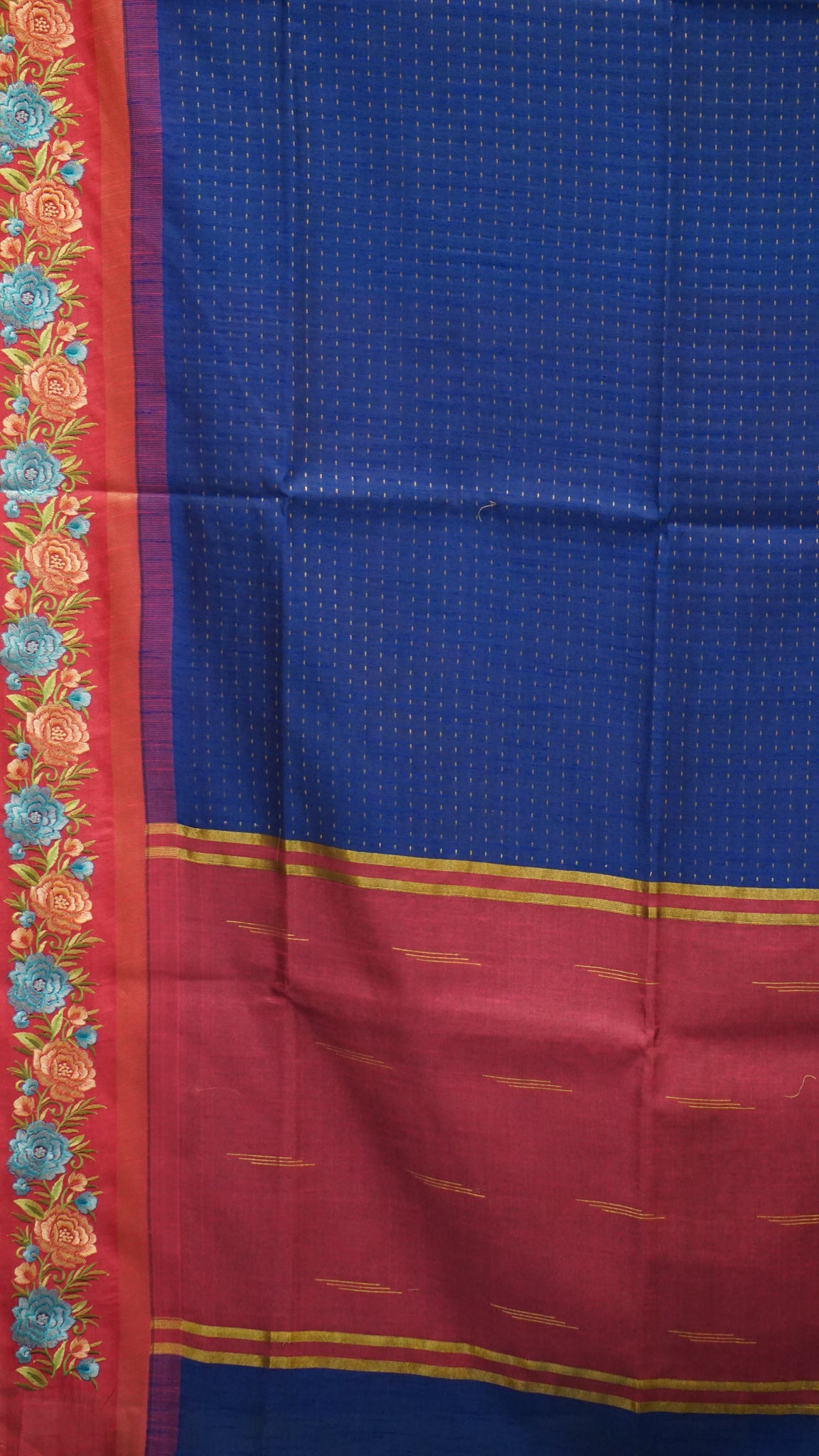 Semi Raw Silk Saree - Navy Blue With Magenta Floral Border
