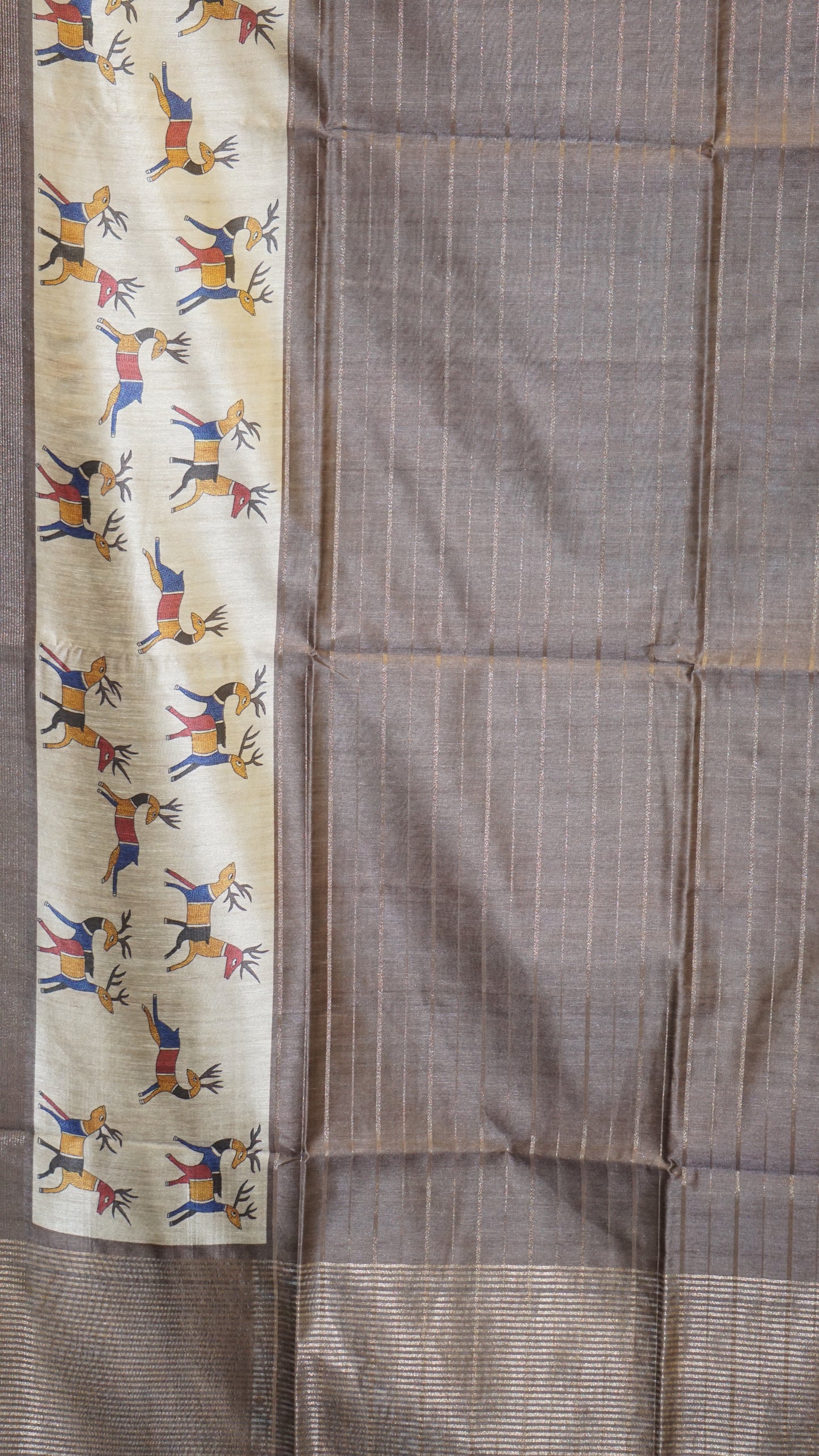 Semi Tussar Saree With Deer Border - Metallic Grey