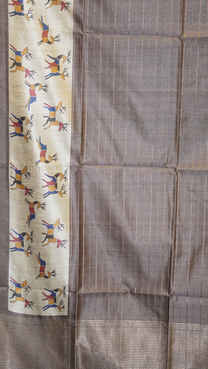 Semi Tussar Saree With Deer Border - Metallic Grey