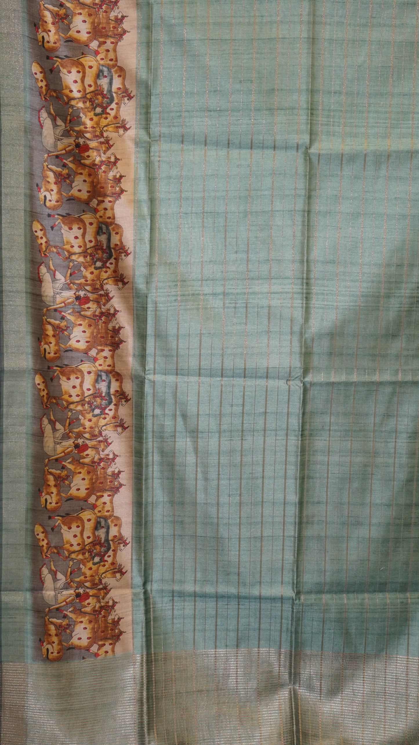 Semi Tussar Saree With Pichwai Border - Sea Green