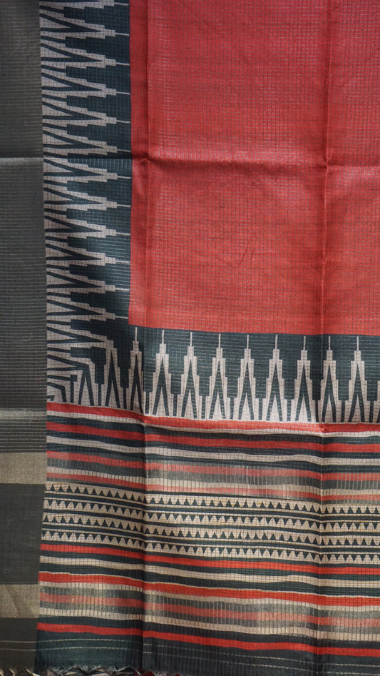 Semi Tussar Saree With Art Zari Red - Green