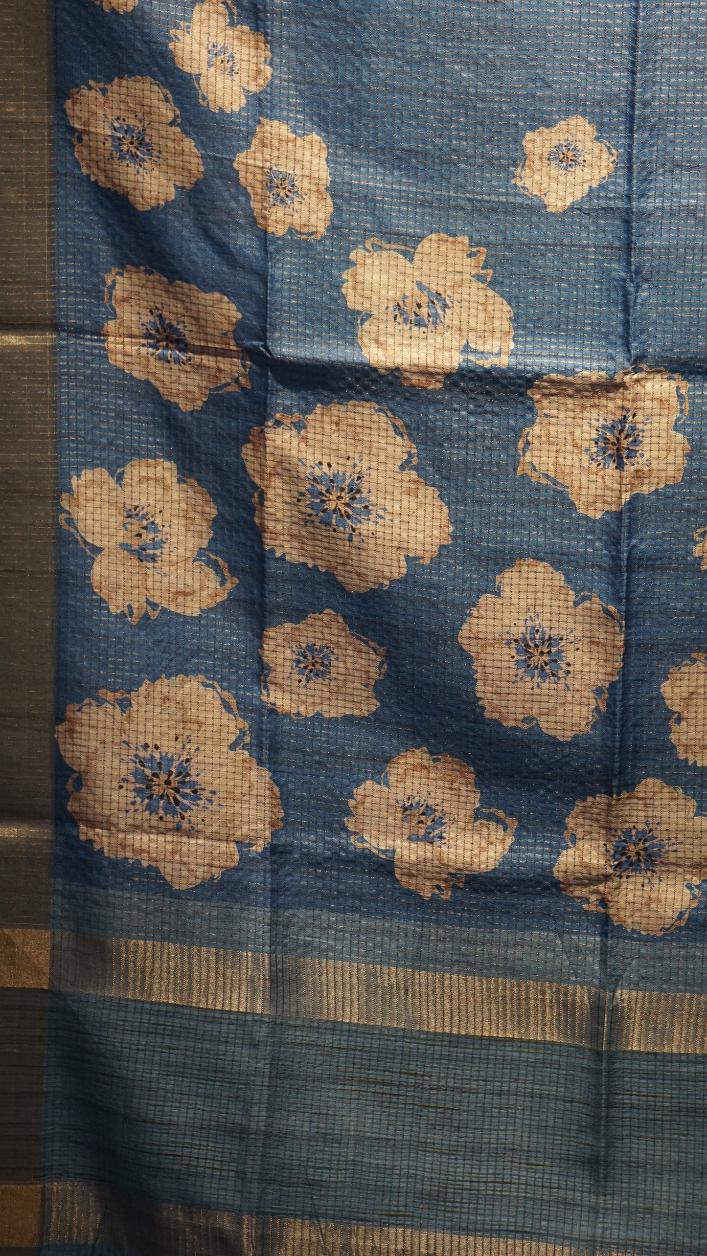 Semi Tussar Saree With Art Zari Checks - Blue