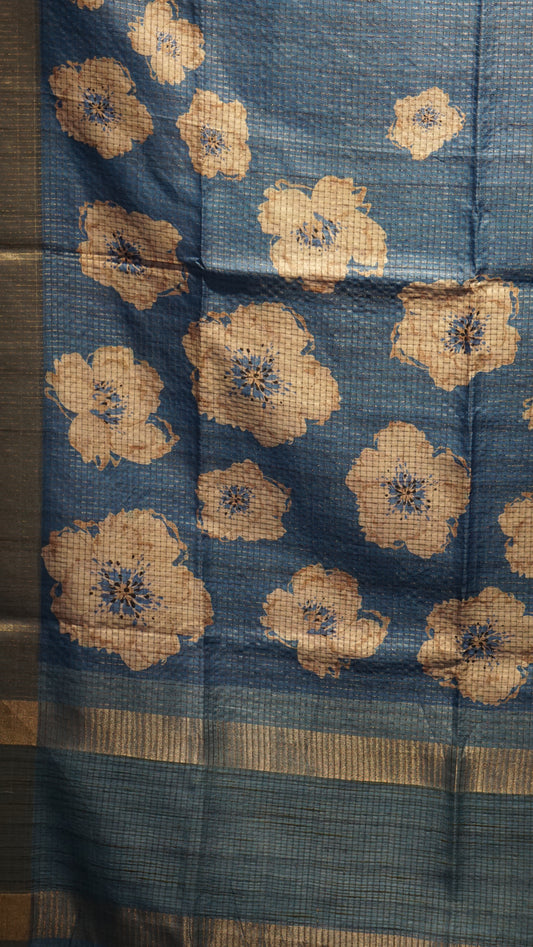 Semi Tussar Saree With Art Zari Checks - Blue