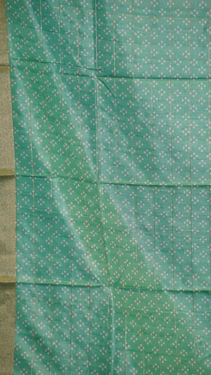Korean Tussar Saree Mohini Print Teal Green