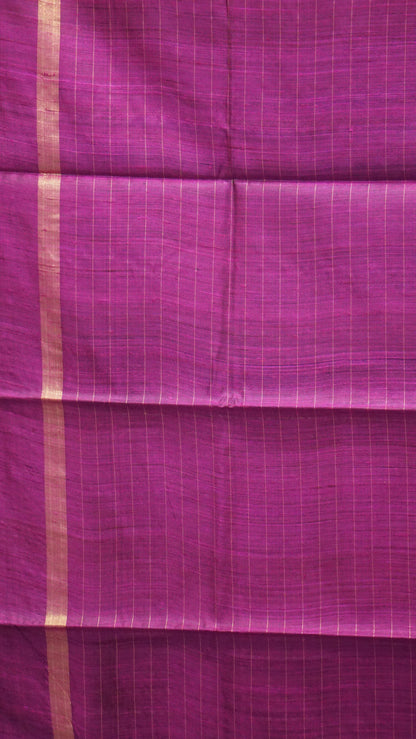 Pure Dupion Silk Saree Checks - Violet with Pink Border