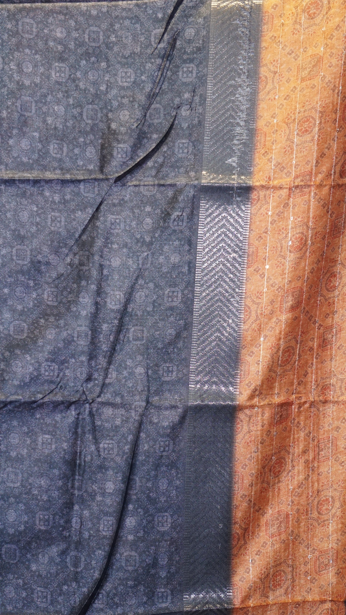 Semi Printed Silk Ajrak Print Mustard - Navy Blue