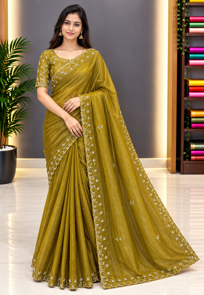 Designer Saree-Gold with Mirror Work