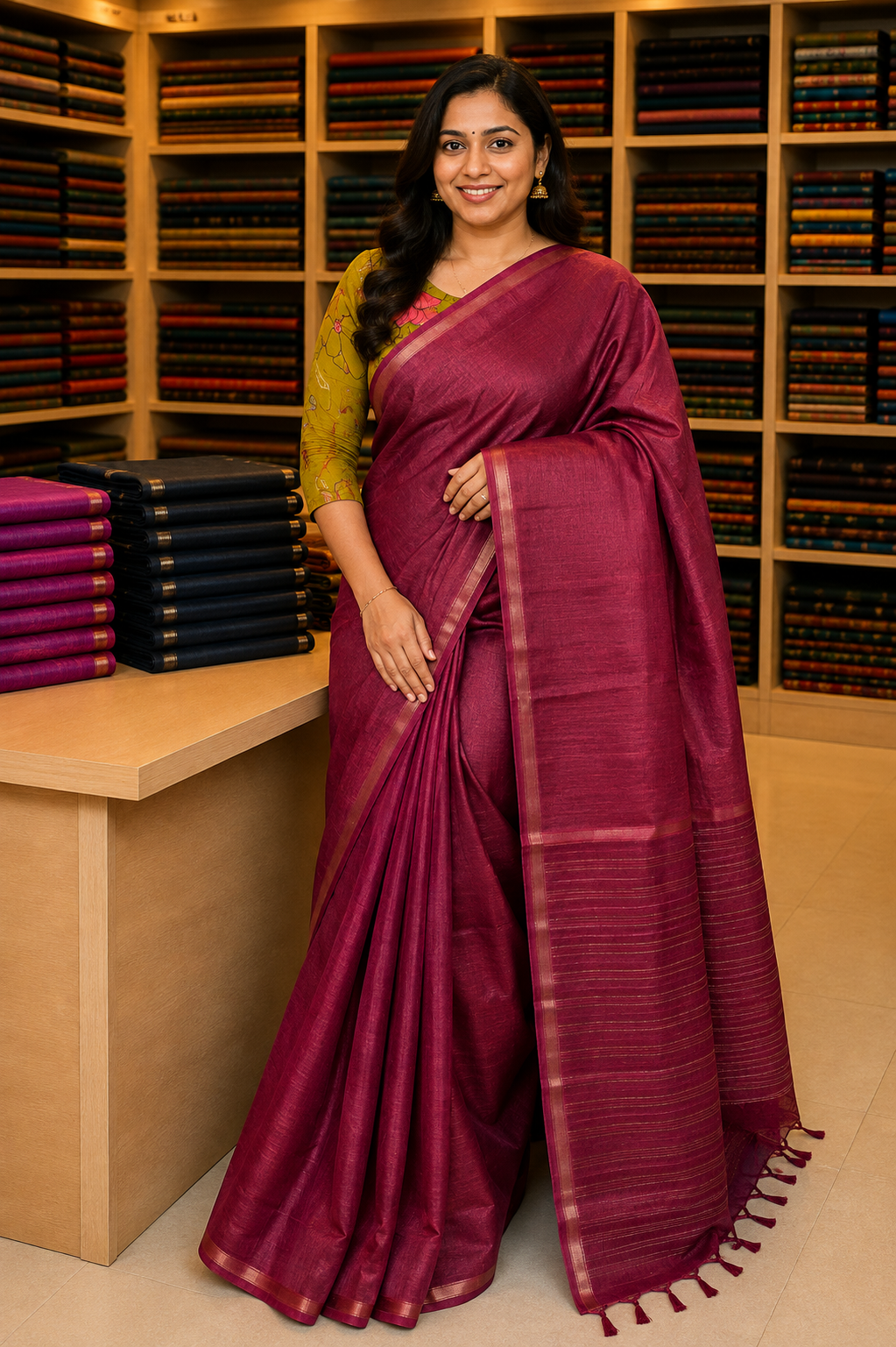 Matka Tussar Saree-Muted Maroon with Small Border