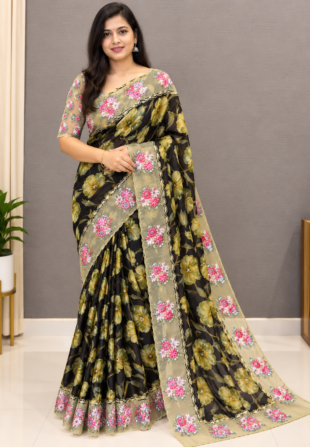Designer Saree-Brown with Floral Hand Paint