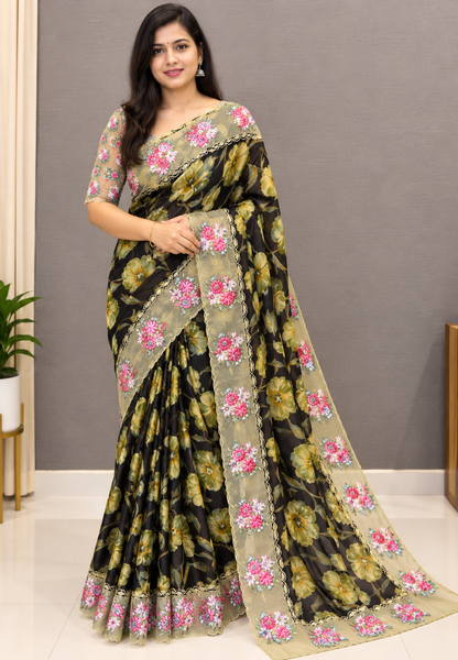 Designer Saree-Brown with Floral Hand Paint
