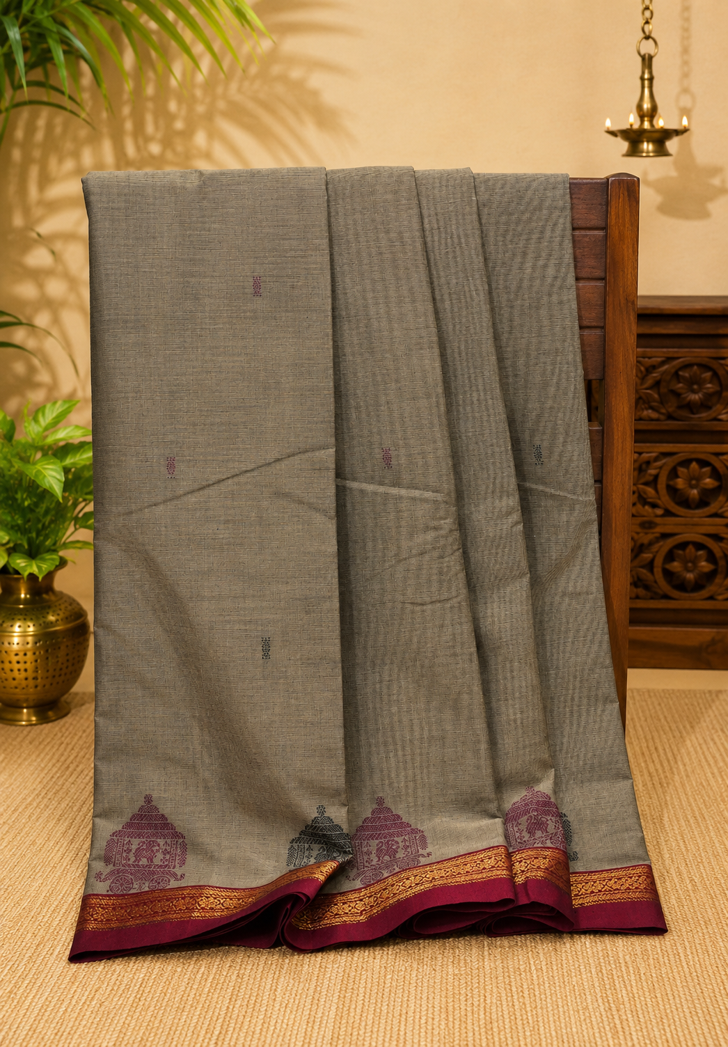 Chettinad Cotton Saree–Mud Brown with Ther Border