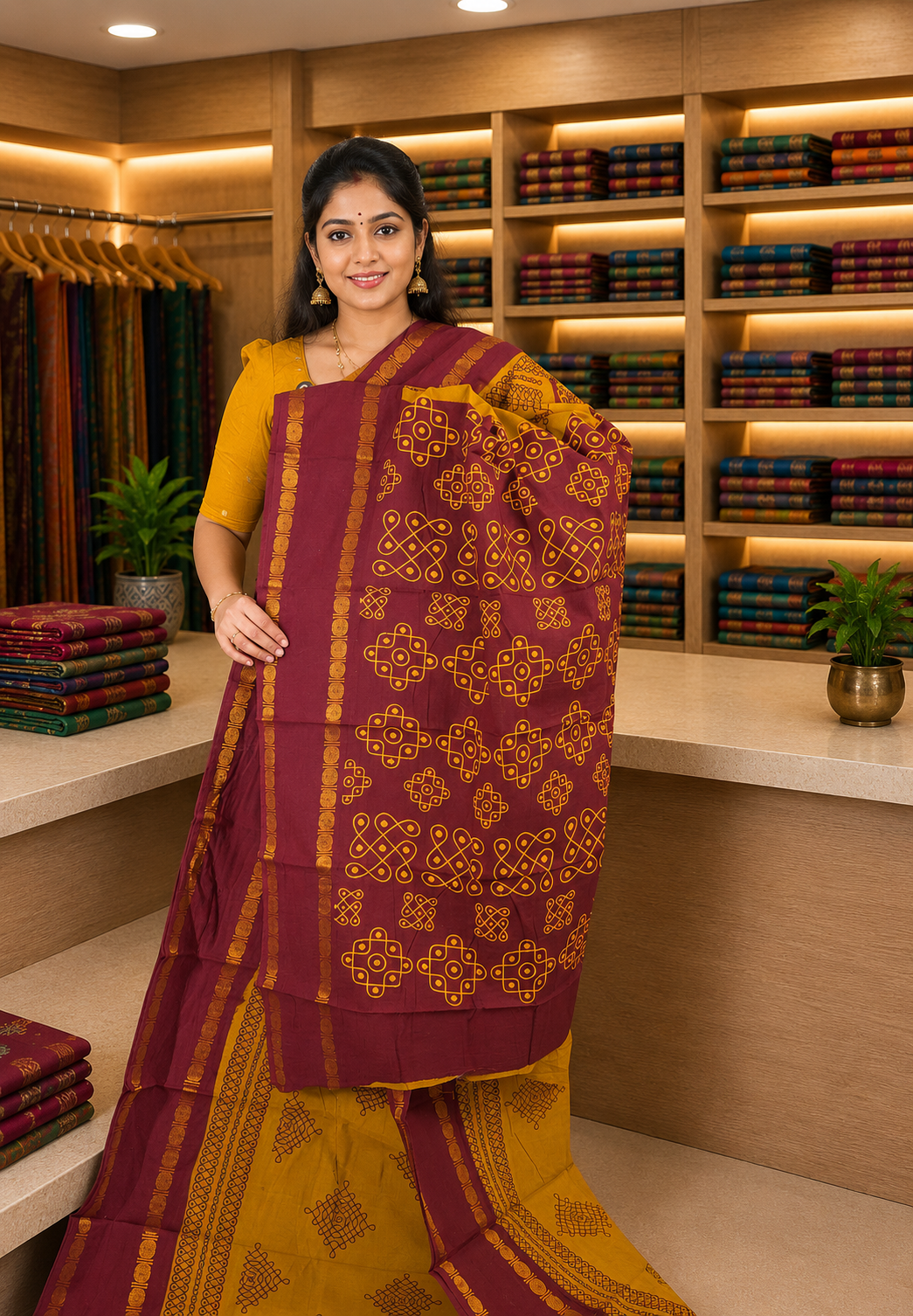 Sungudi Cotton Saree-Mustard with Contrast Retapet Border in Kolam Pattern