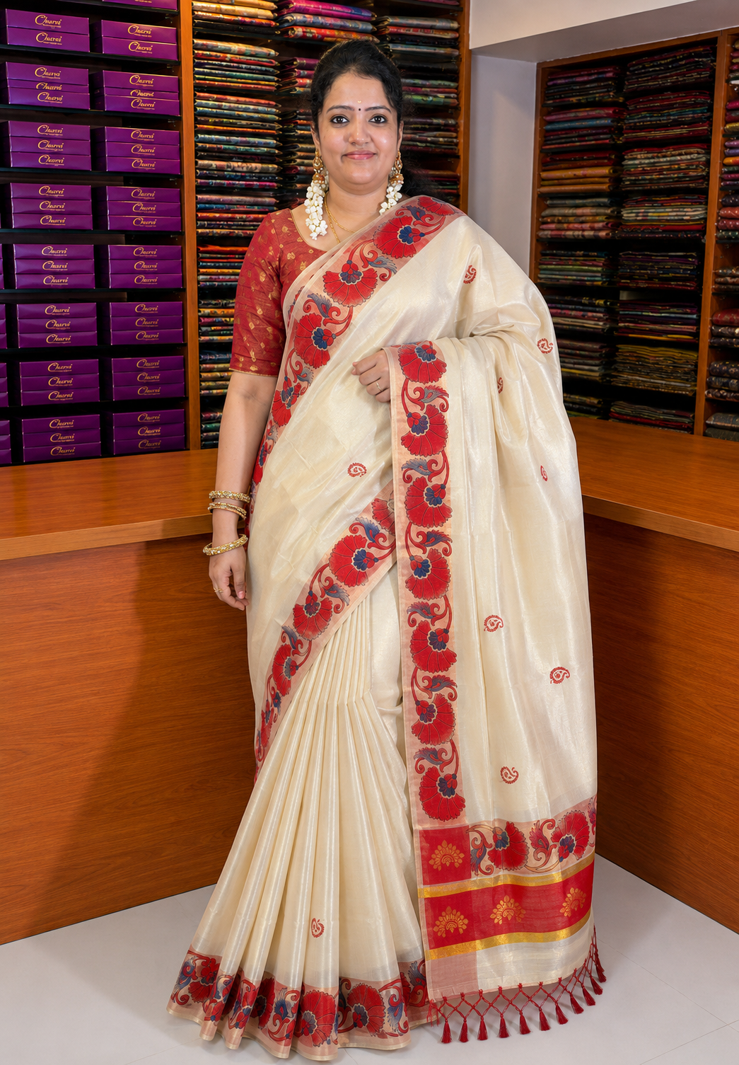 Tissue Silk Saree-Sandal with Kalamkari Border