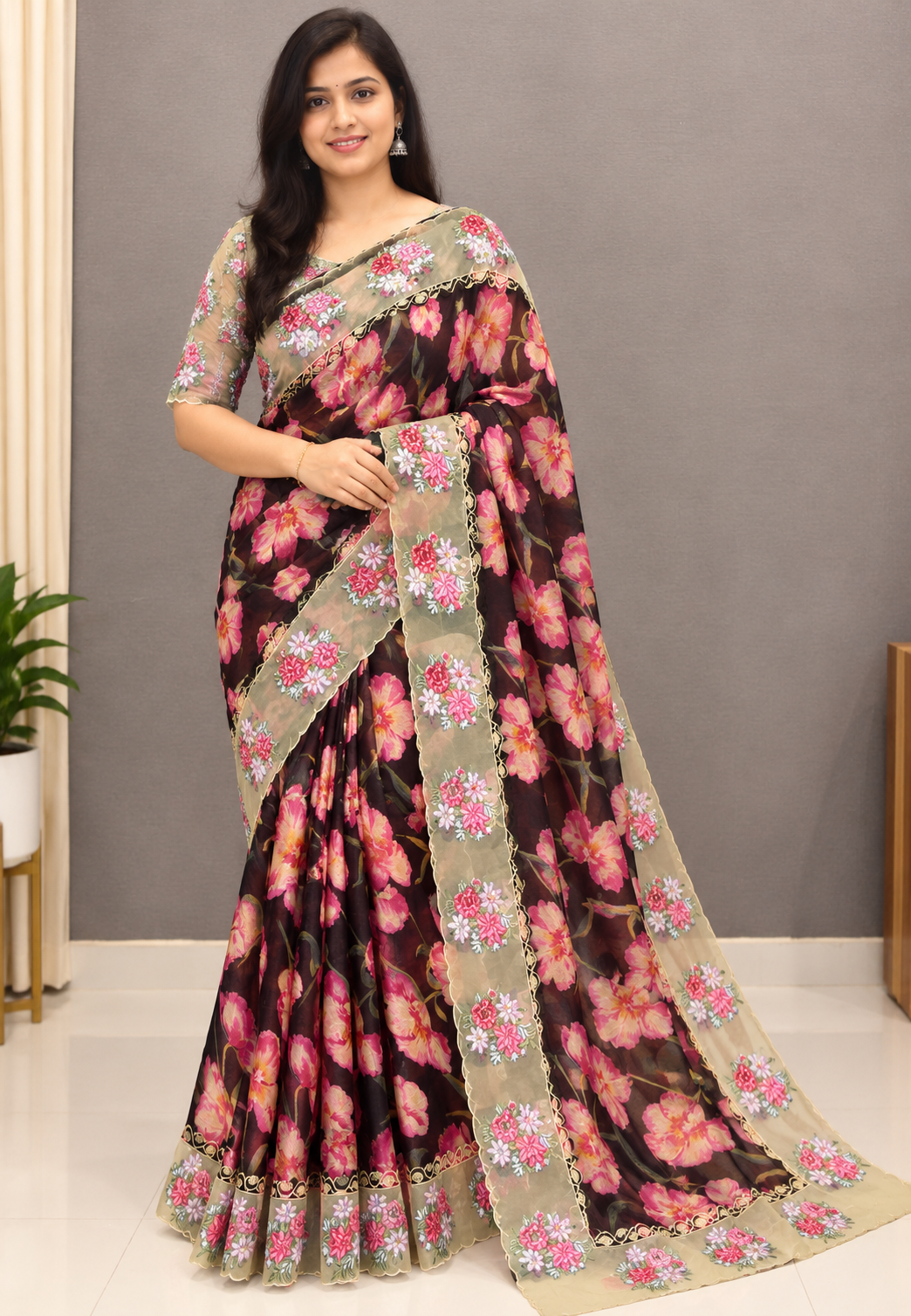 Designer Saree-Brown with Floral Hand Paint