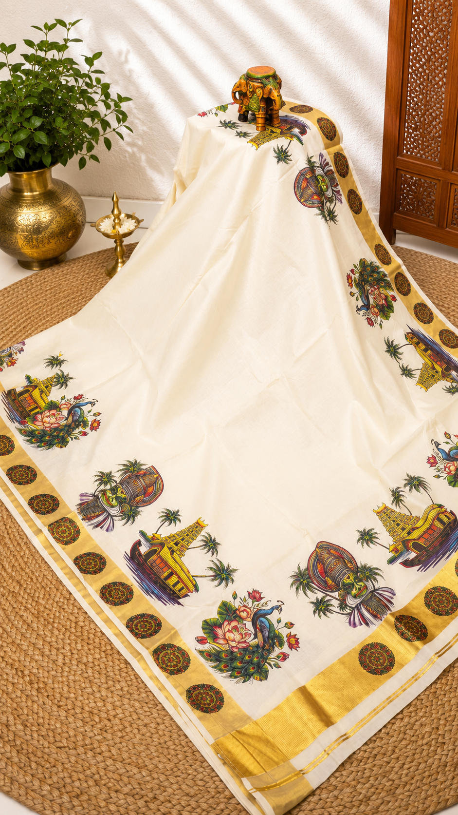 Cotton Saree-Off White with Traditional Motif