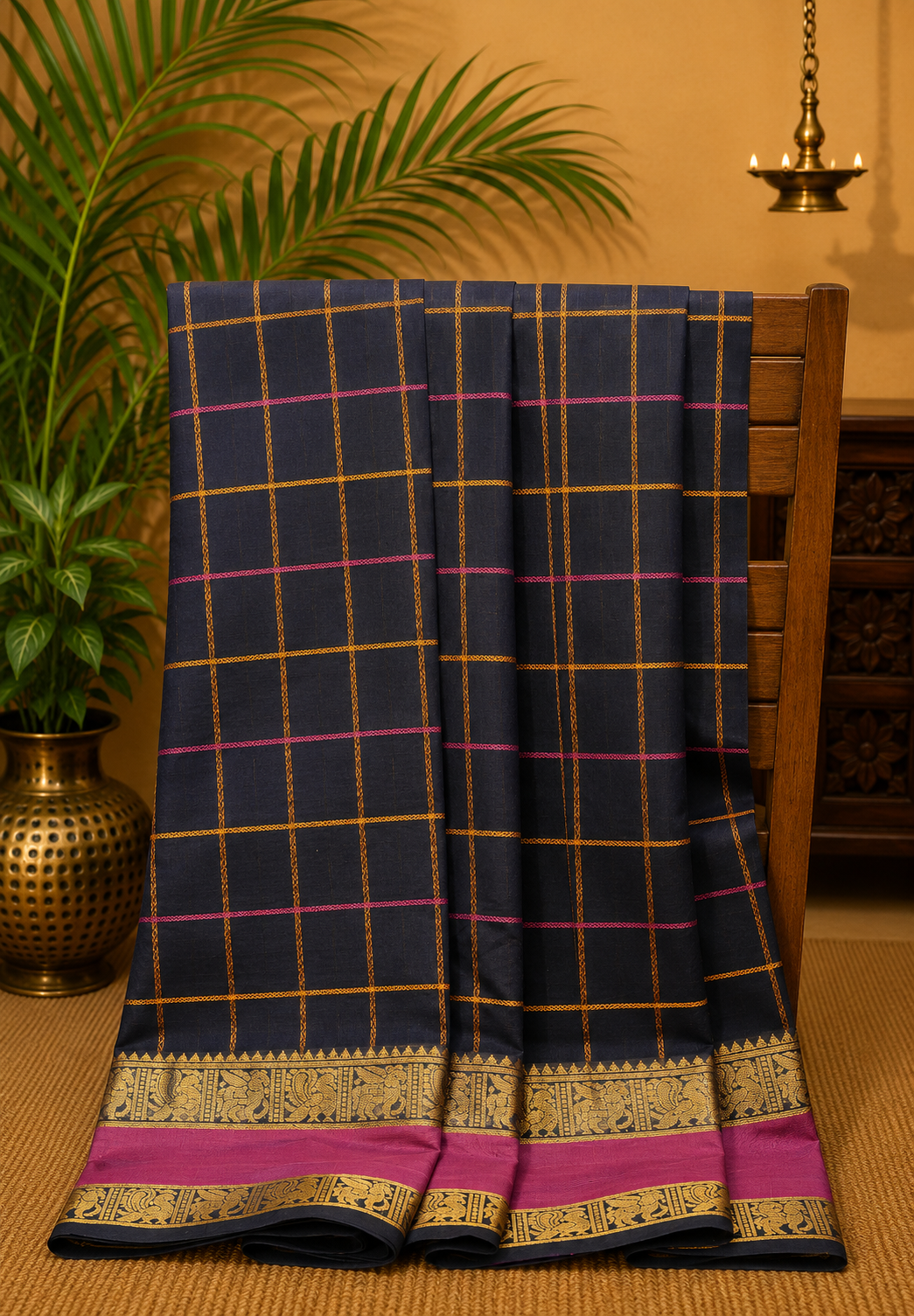 Chettinad Cotton Saree–Navy Blue With Thread Checks Annapakshi Zari Border