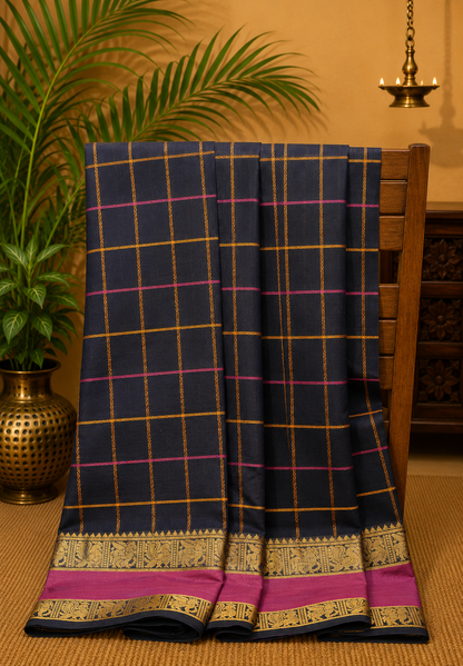Chettinad Cotton Saree–Navy Blue With Thread Checks Annapakshi Zari Border
