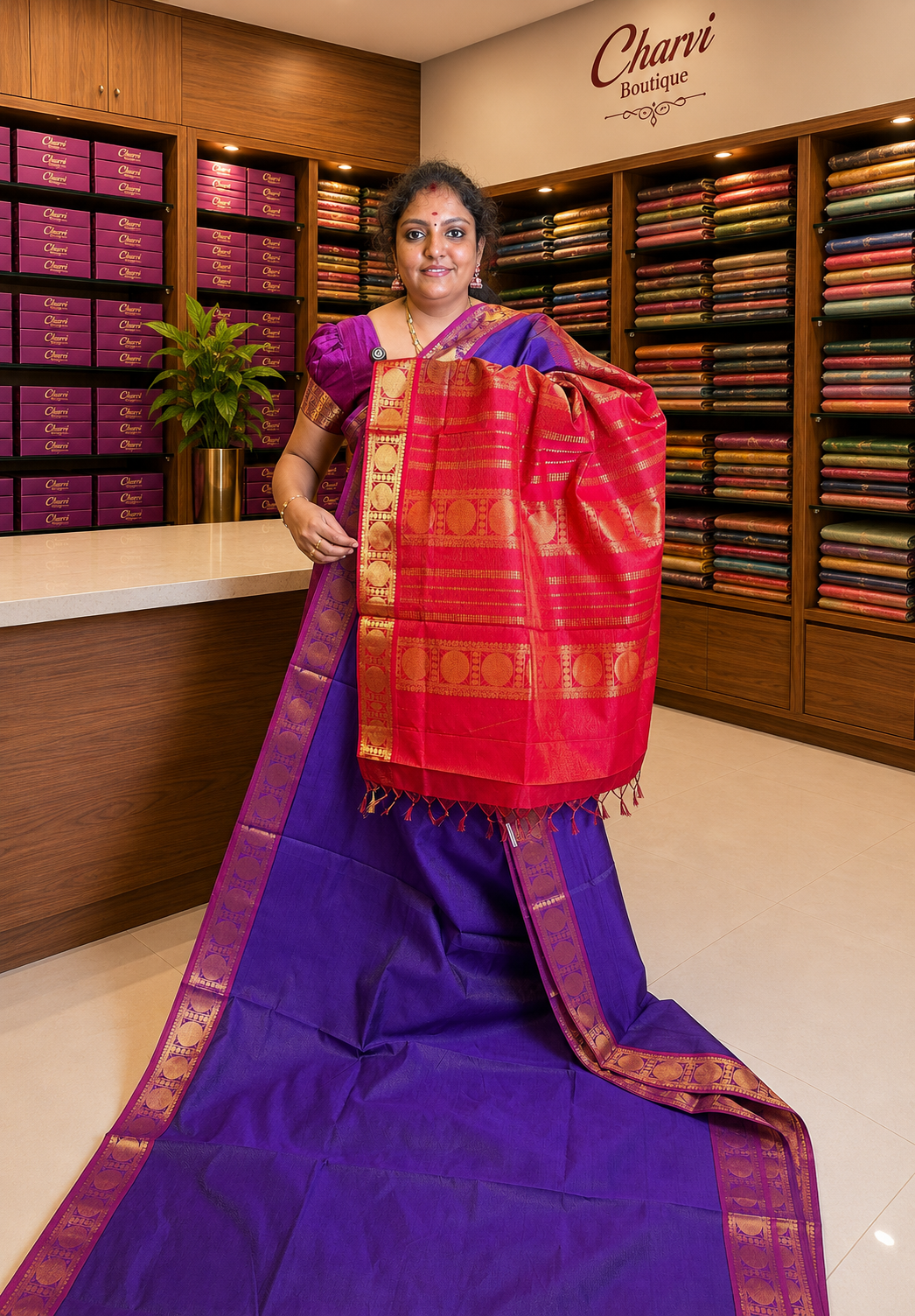 Silk Cotton Saree-Purple with Contrast Border in Vairaoosi Pattern