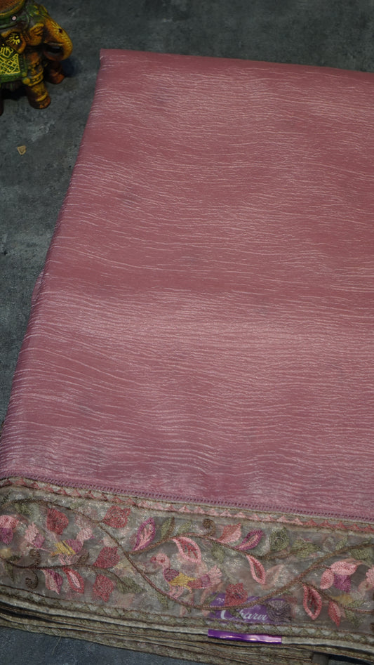 Semi Tussar Saree Crushed With Tissue Border Pink