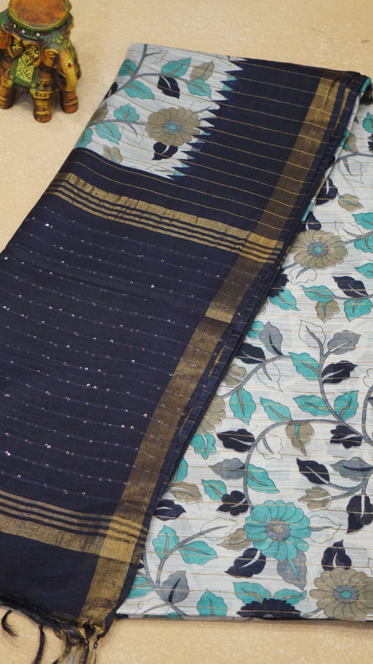 Bhagalpur Tussar Saree Kalamkari Print - Navy Blue