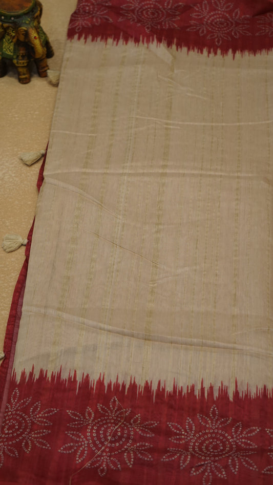Semi Tussar Saree - Sandal & Red