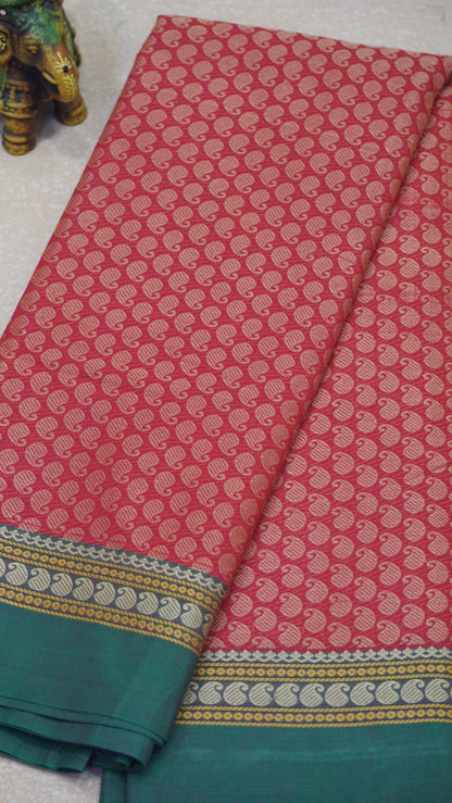 Kanchi Cotton Saree - Red with Green Border
