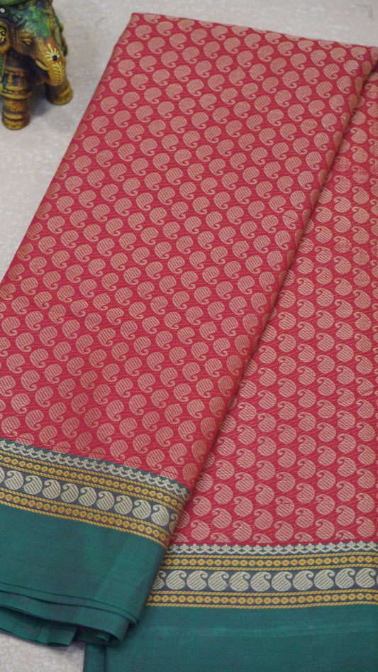 Kanchi Cotton Saree - Red with Green Border