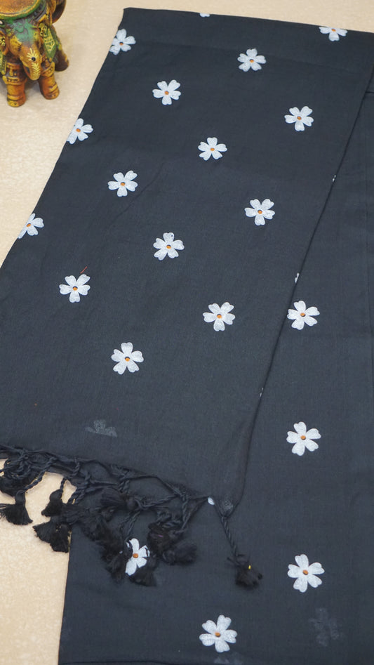 Handloom Cotton Saree - Black With White Flower