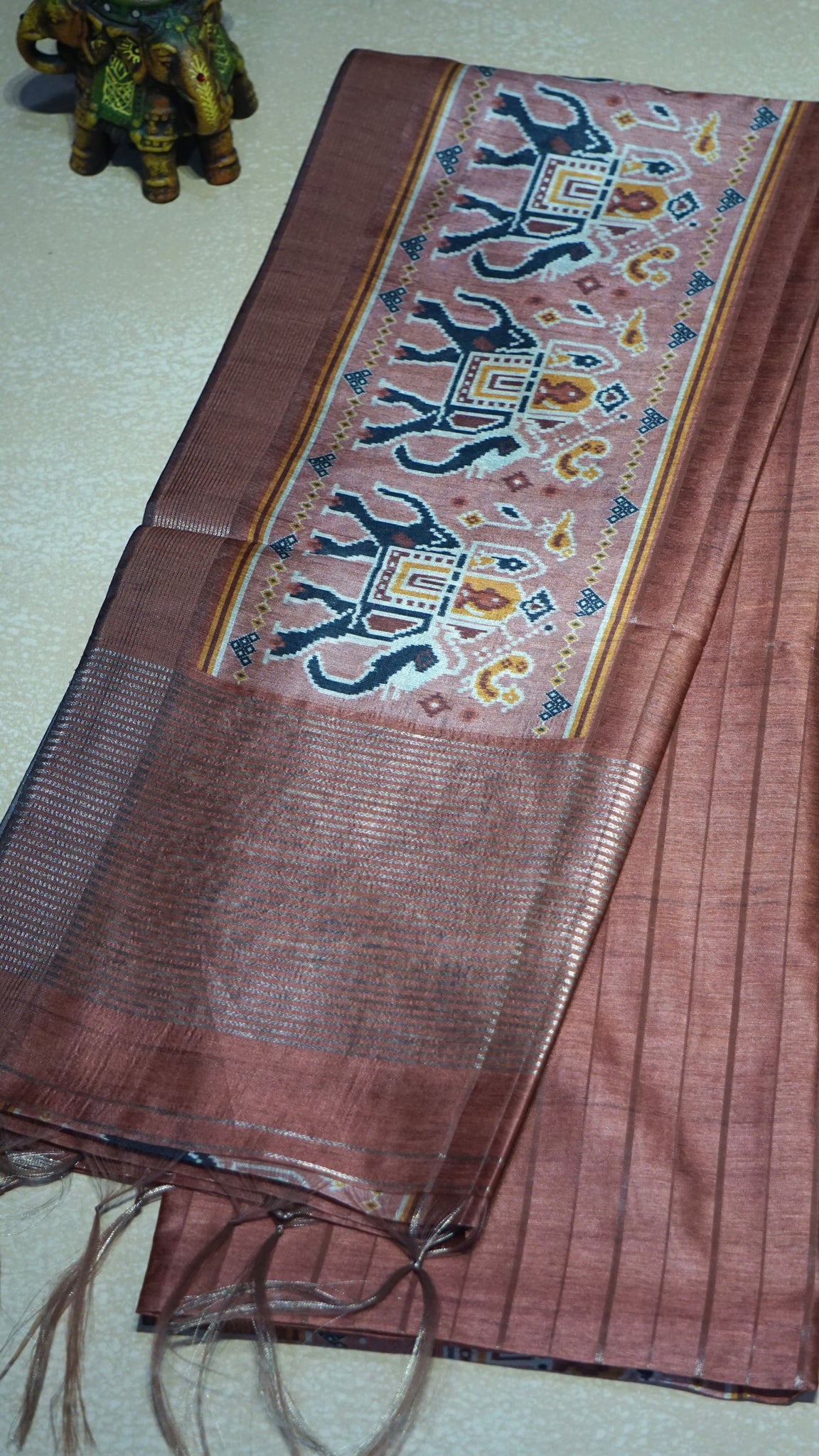 Semi Tussar Saree With Pattola Print Brick Red