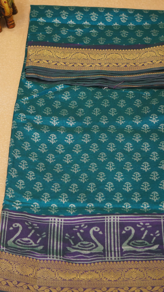Semi Pattola With Swan Print Border - Teal Blue