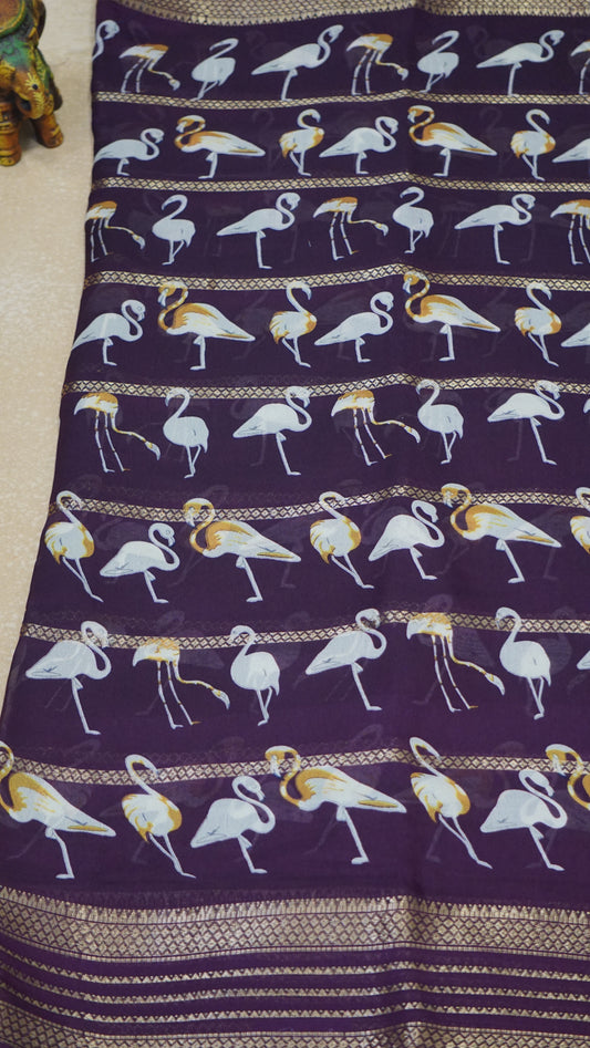 Shiffon Saree Flamingo Design - Wine