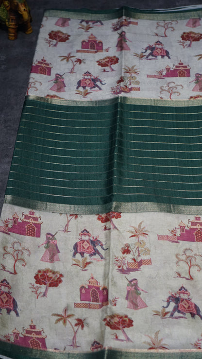 Semi Printed Silk Saree - Green