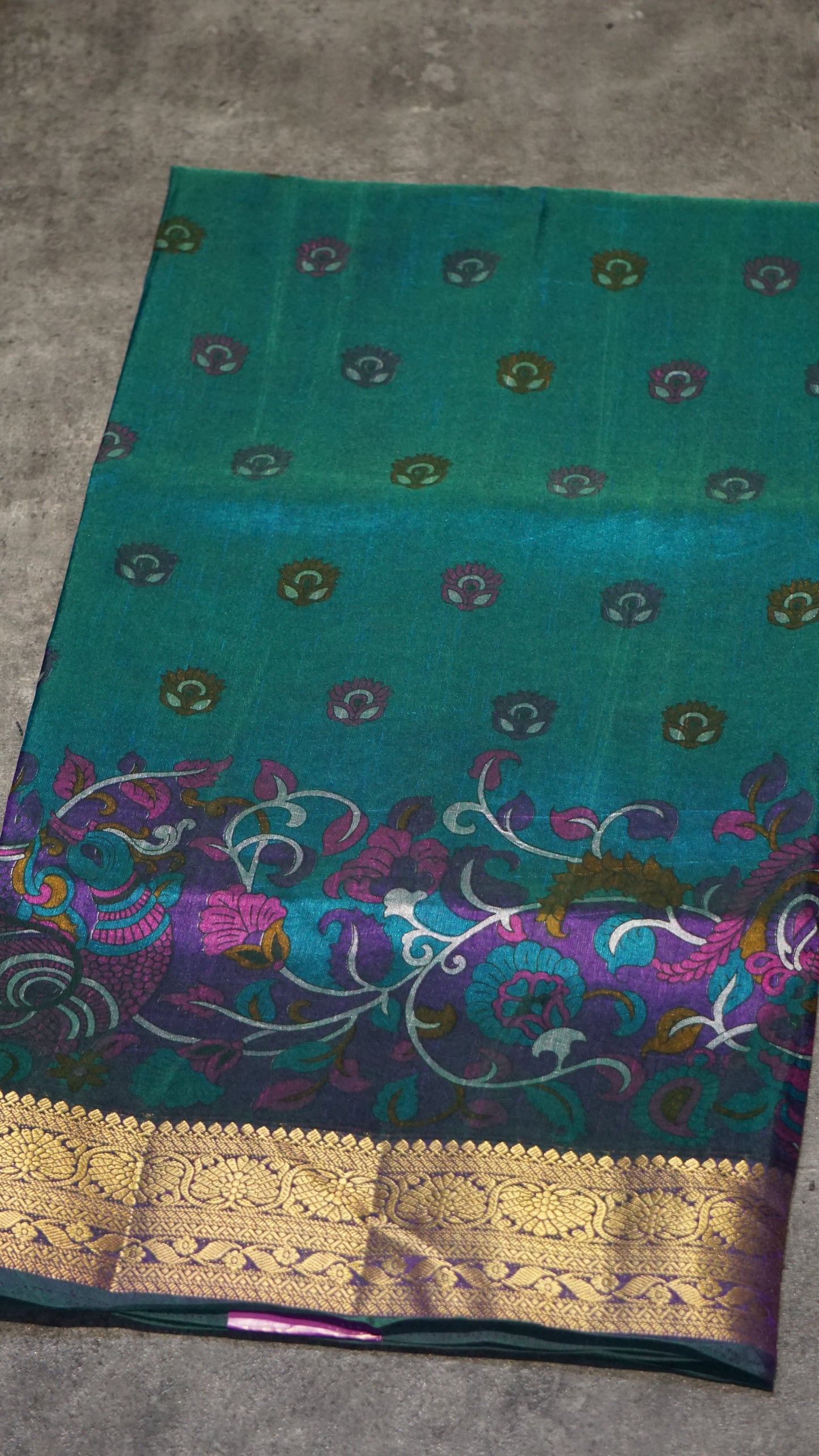 Semi Pattola Saree Kalamkari Print Peacock Green