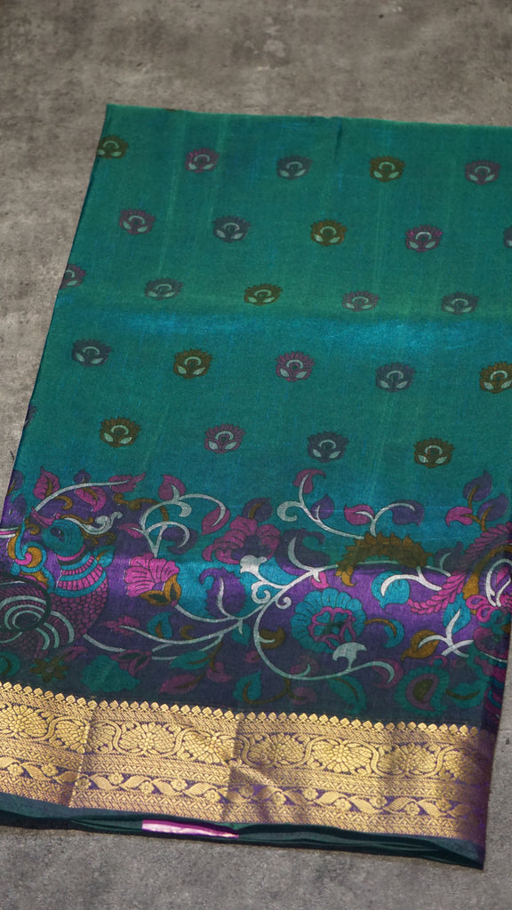 Semi Pattola Saree Kalamkari Print Peacock Green