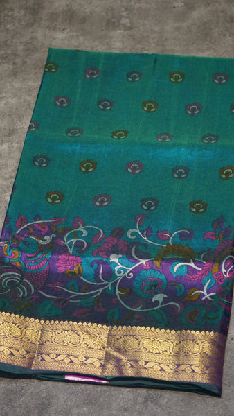 Semi Pattola Saree Kalamkari Print Peacock Green