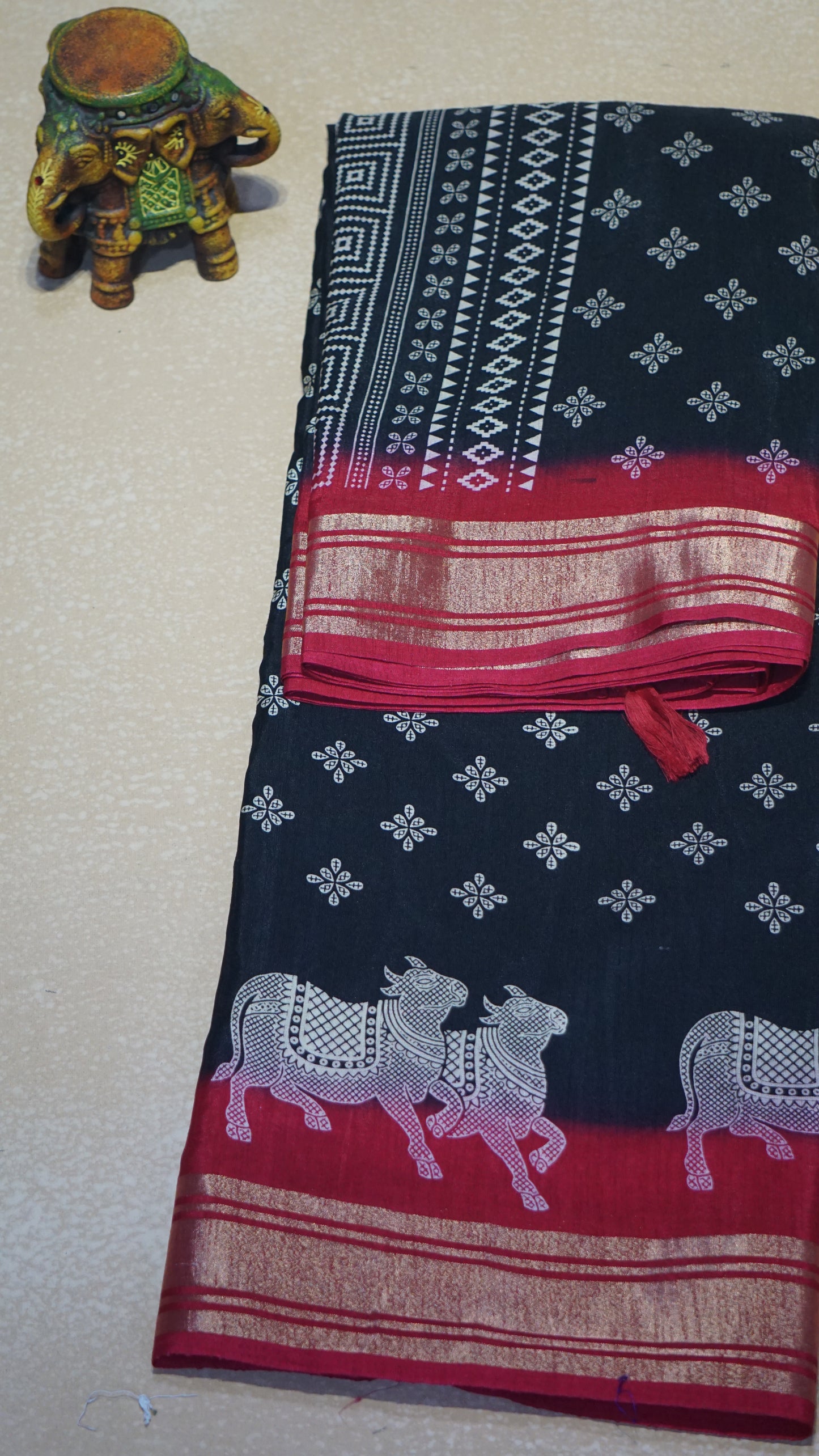 Shiffon Saree Cow Print Black - Red
