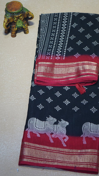 Shiffon Saree Cow Print Black - Red