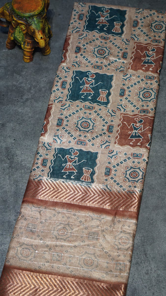 Semi Printed Silk Ajrak Print Beige - Brown