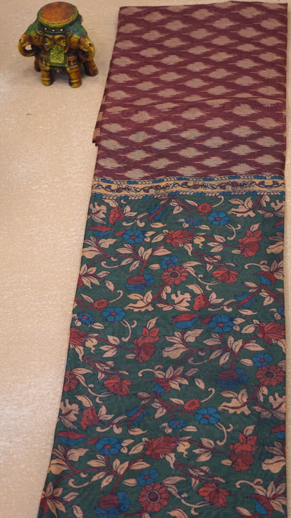 Chanderi Saree Ikkatkari Print - Green & Maroon