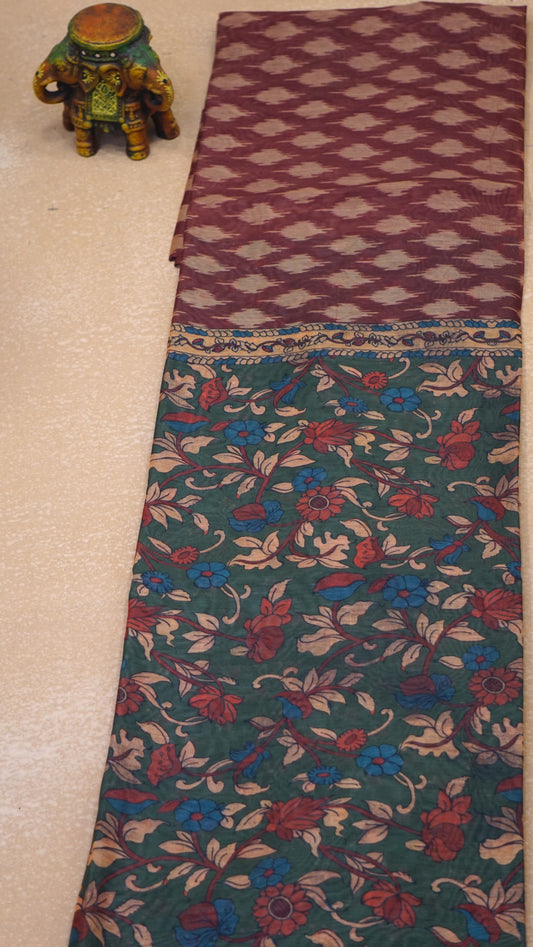 Chanderi Saree Ikkatkari Print - Green & Maroon