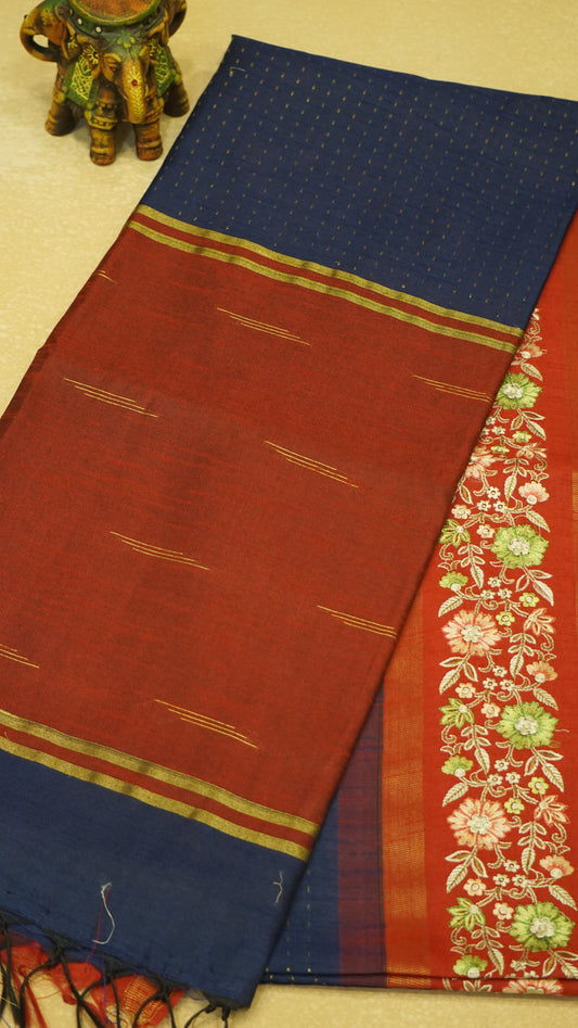 Semi Raw Silk Saree - Navy Blue With Maroon Floral Border