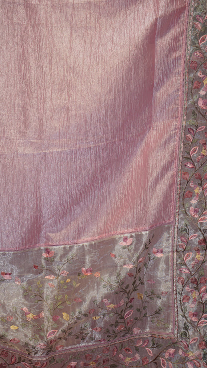 Semi Tussar Saree Crushed With Tissue Border Pink