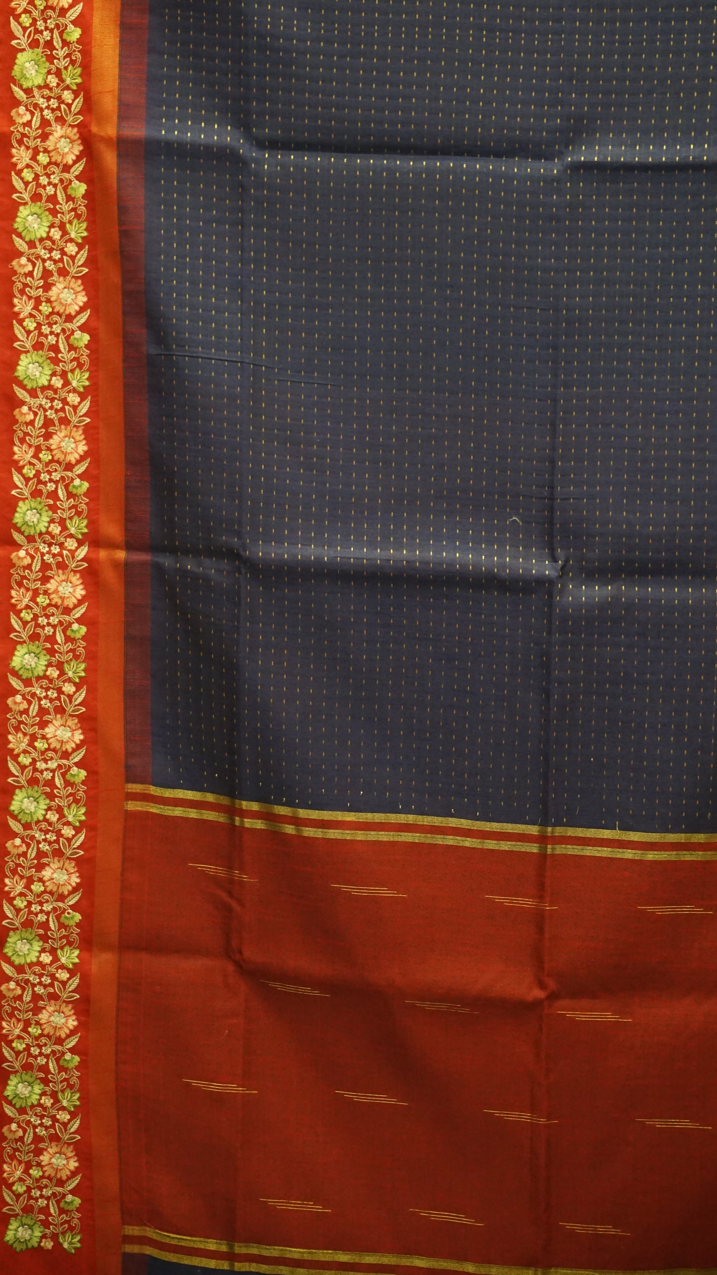 Semi Raw Silk Saree - Navy Blue With Maroon Floral Border