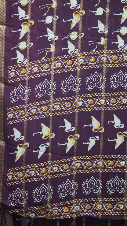 Shiffon Saree Flamingo Design - Wine